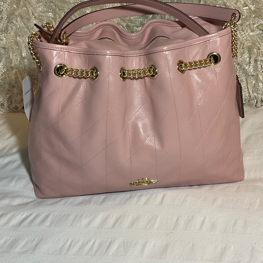 Coach Carnation Pink Quilted Evelyn Drawstring Tote With Gold Chain Detail